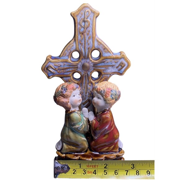 Children Praying Cross Religious Ceramic Pottery Hand Painted Glazed Figurine - Picture 9 of 9